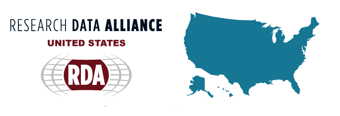 Banner image with Research Data Alliance in black text, United States in red text and a blue image of the United States on a white background. The R D A global logo is incororated.